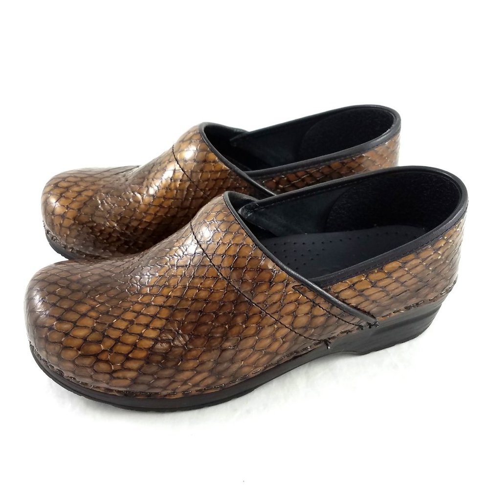 Sanita Copper Brown Black Faux Snake Skin Clogs